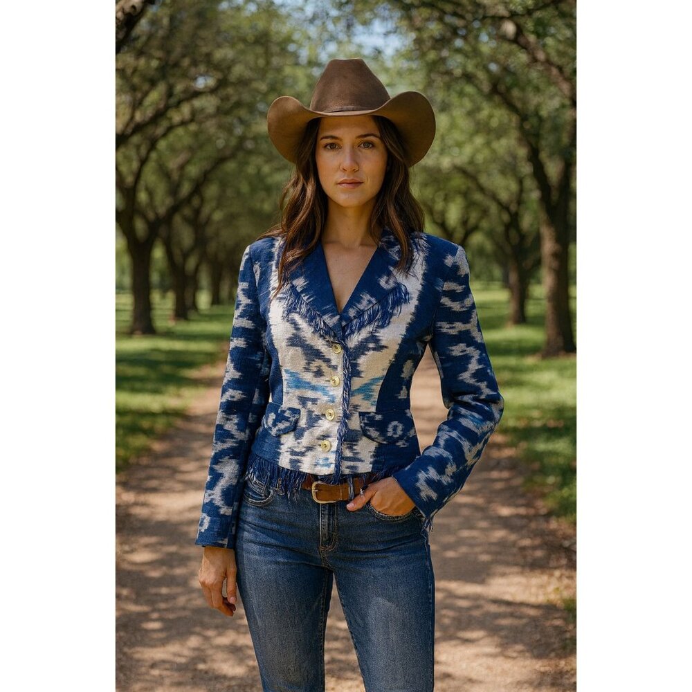 Blue White Ikat Southwest Fringe Blazer Jacket Women M Equator Cotton Cowgirlcor